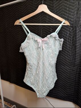 Light Aqua Lace Bodysuit with Pink Bow Accent